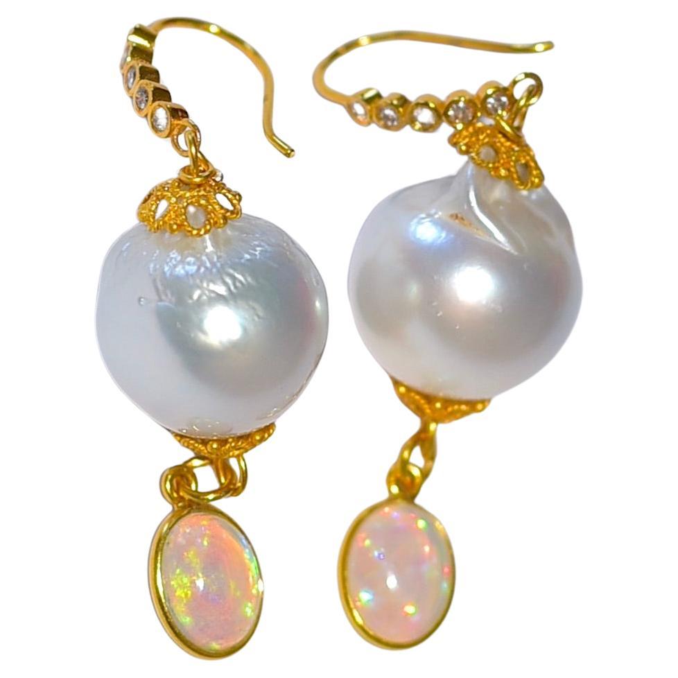 White South Sea Boroque Pearl, Natural Opal Bezel Earrings in 18K Solid Gold For Sale