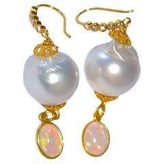 White South Sea Boroque Pearl, Natural Opal Bezel Earrings in 18K Solid Gold