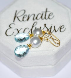 White South Sea Cultured Pearl, Blue Topaz Earrings in 18K Solid Yellow Gold
