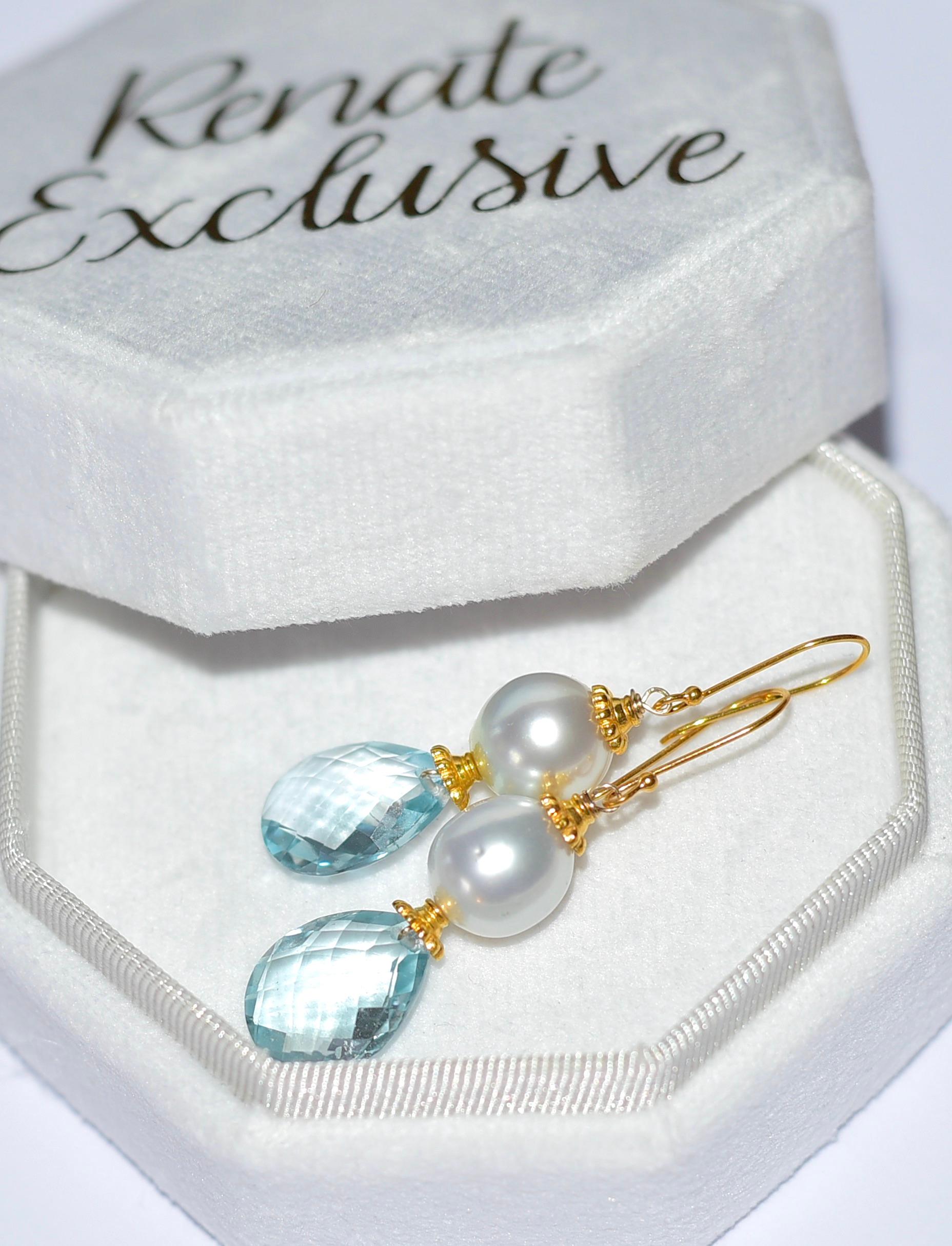 Pear Cut White South Sea Cultured Pearl, Blue Topaz Earrings in 18K Solid Yellow Gold