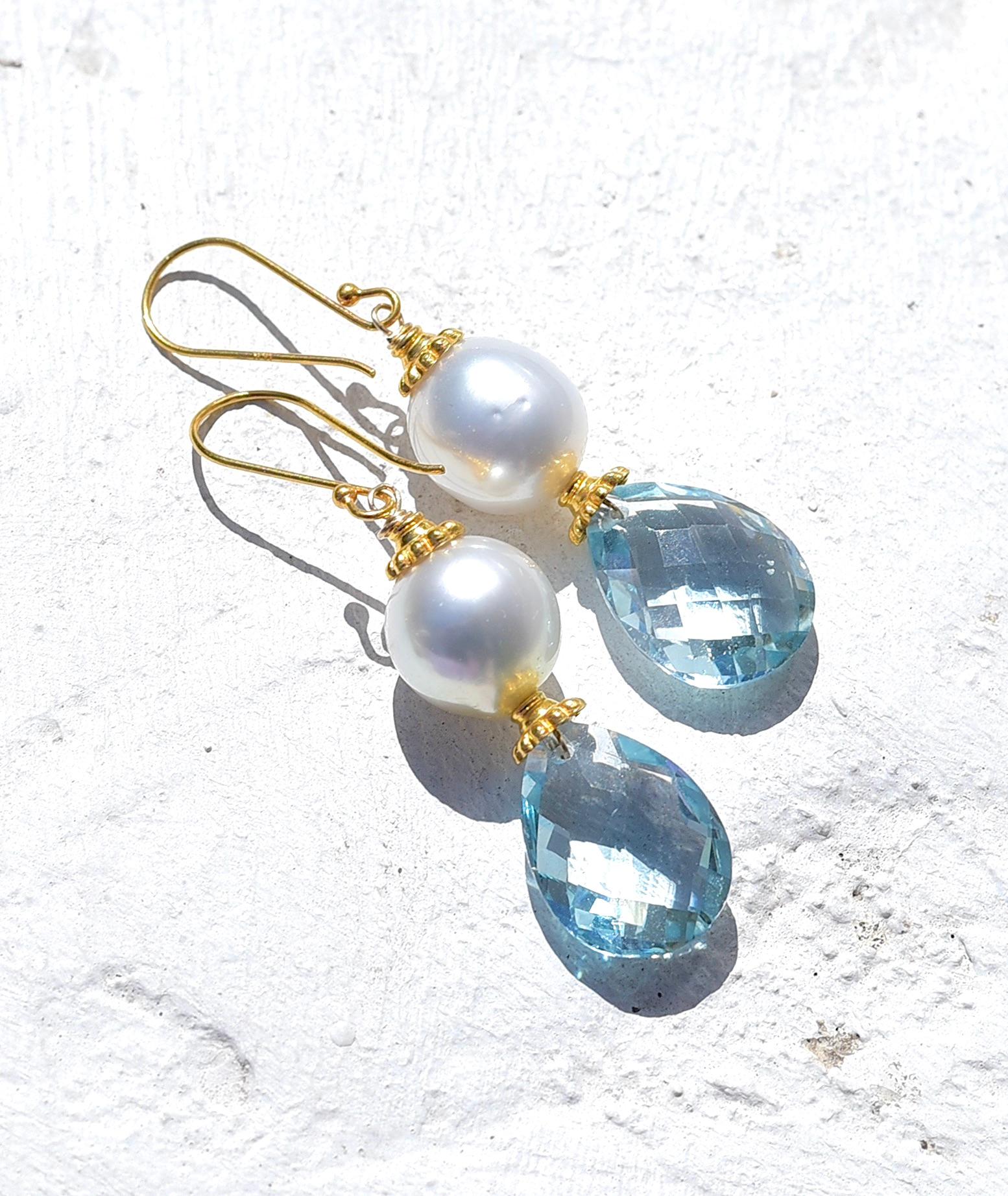 White South Sea Cultured Pearl, Blue Topaz Earrings in 18K Solid Yellow Gold In New Condition In Astoria, NY