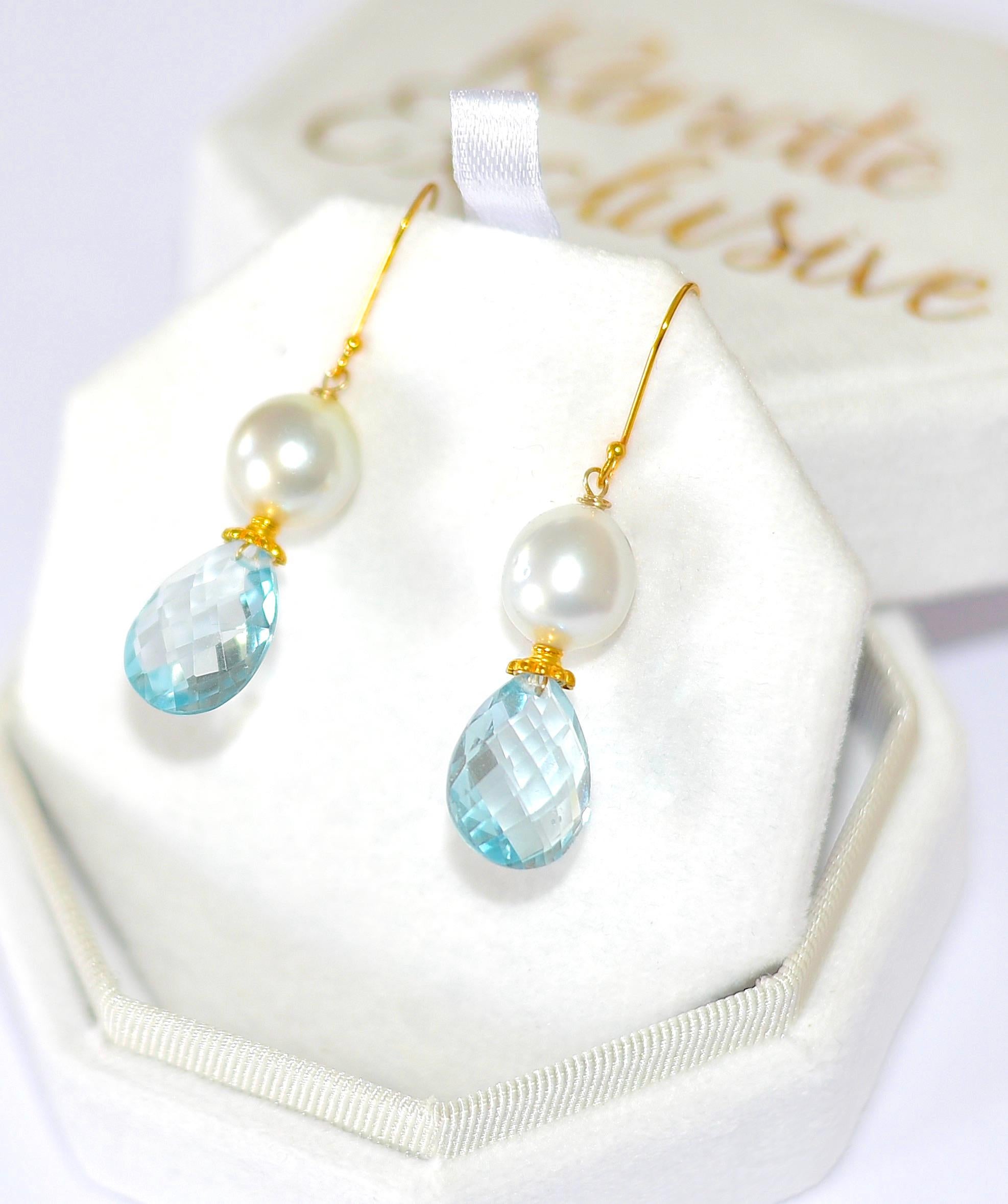 White South Sea Cultured Pearl, Blue Topaz Earrings in 18K Solid Yellow Gold 1