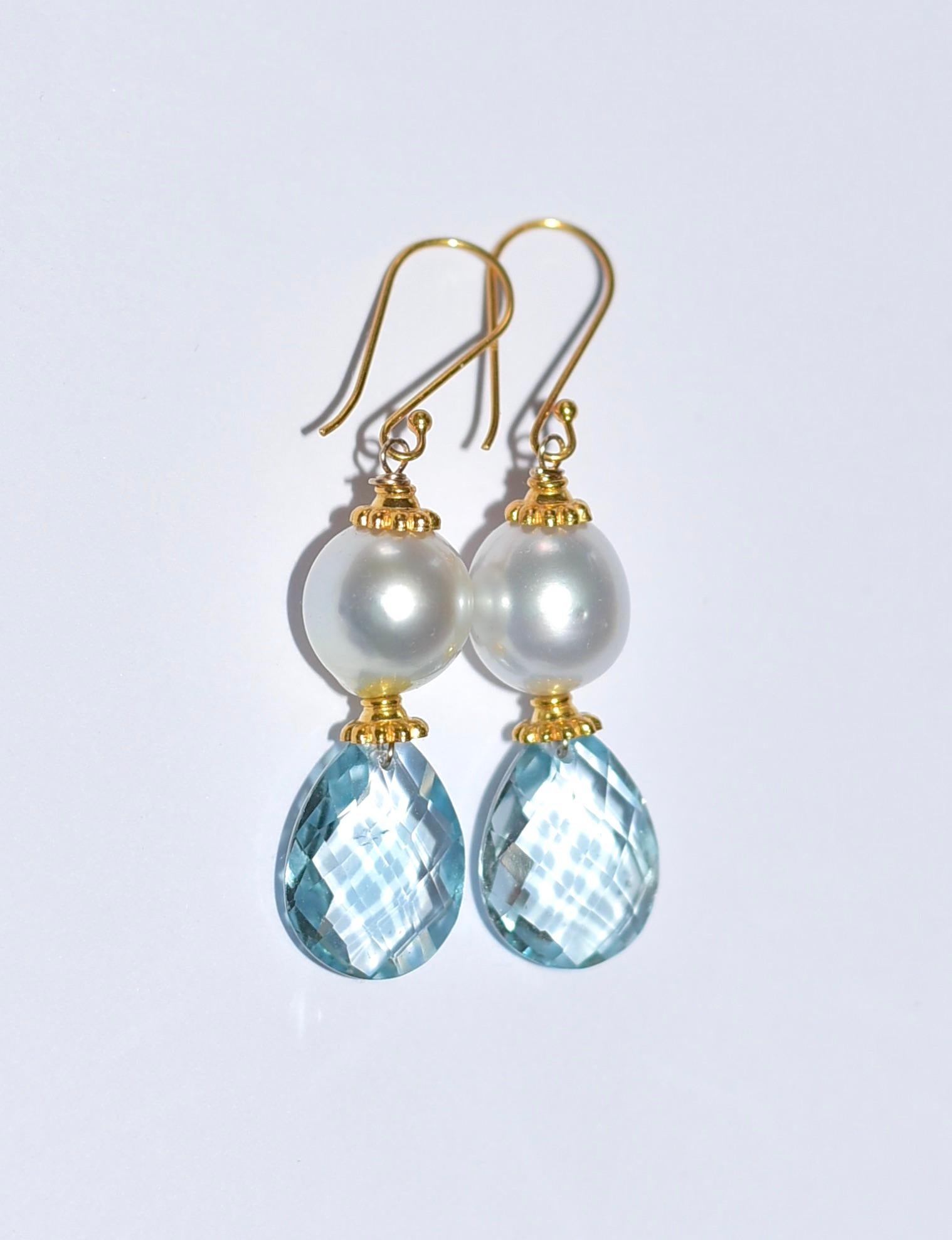 White South Sea Cultured Pearl, Blue Topaz Earrings in 18K Solid Yellow Gold 2