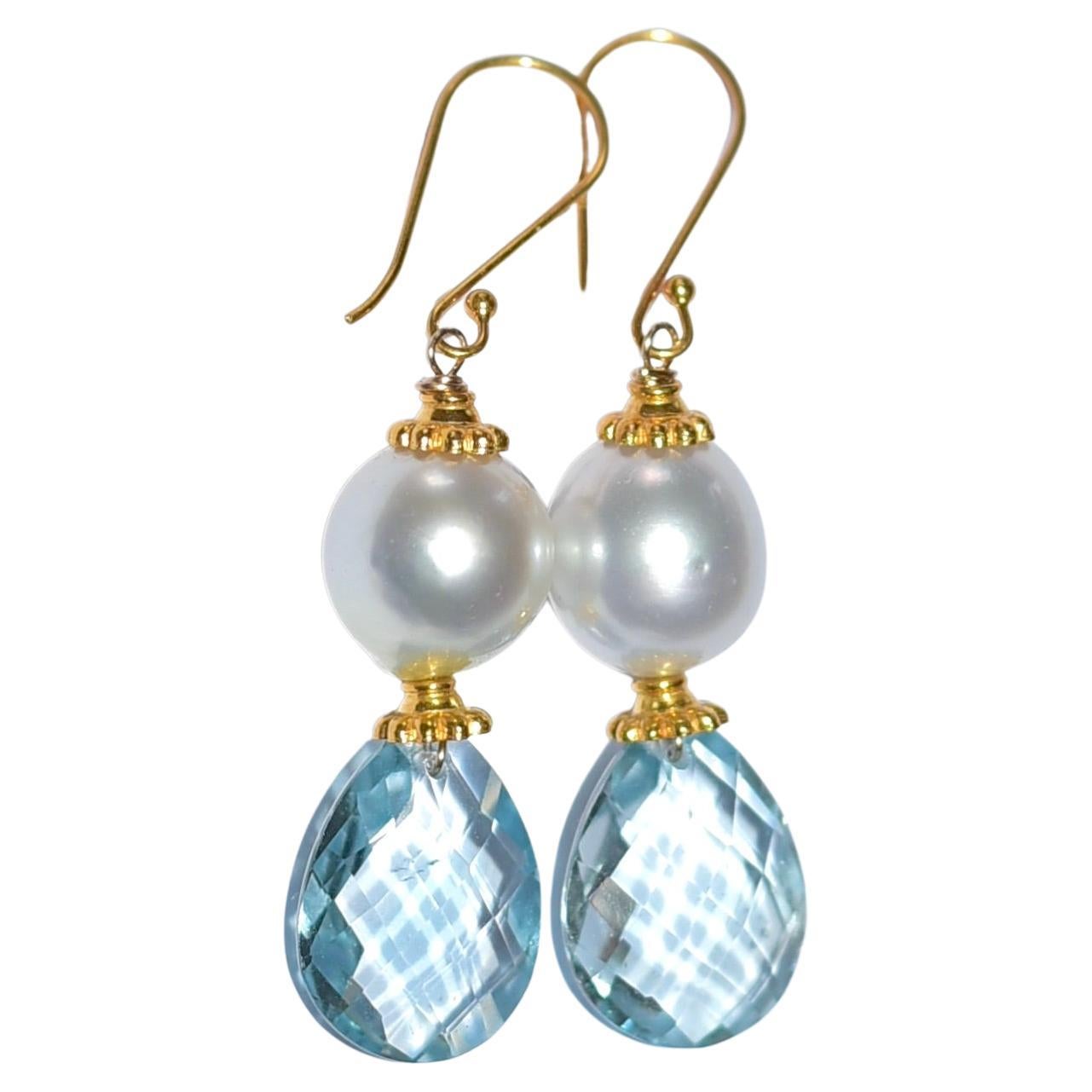 White South Sea Cultured Pearl, Blue Topaz Earrings in 18K Solid Yellow Gold