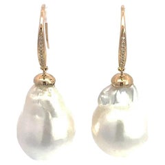 White South Sea Cultured Pearl Diamond Drop Drop Earrings Baroque 20 x 13.5 mm