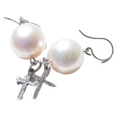 White South Sea Cultured Pearl Earrings with 14K White Gold Christian Cross