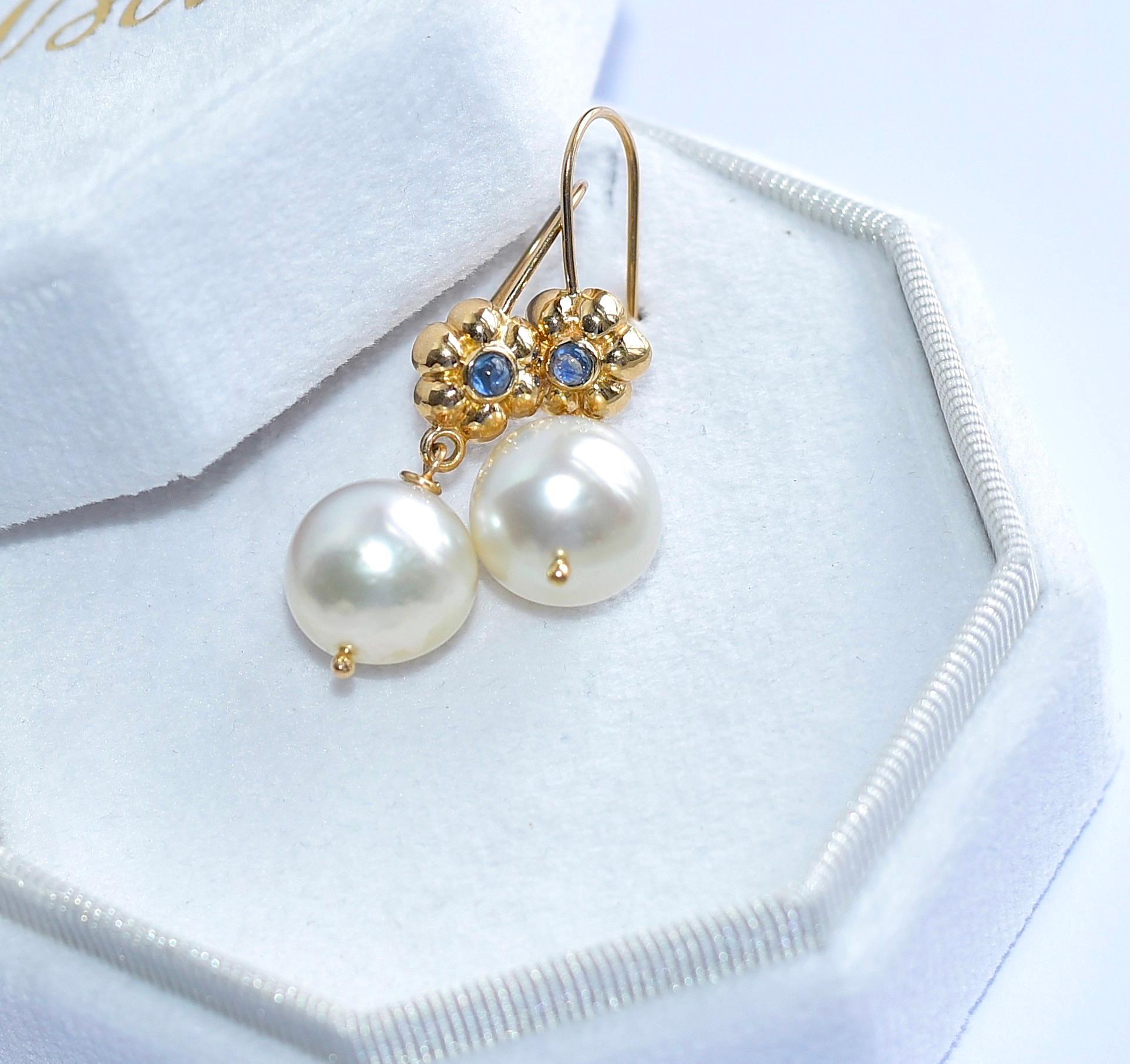 Artisan White South Sea Cultured Pearl, Natural Blue Sapphire in 18K Solid Yellow Gold