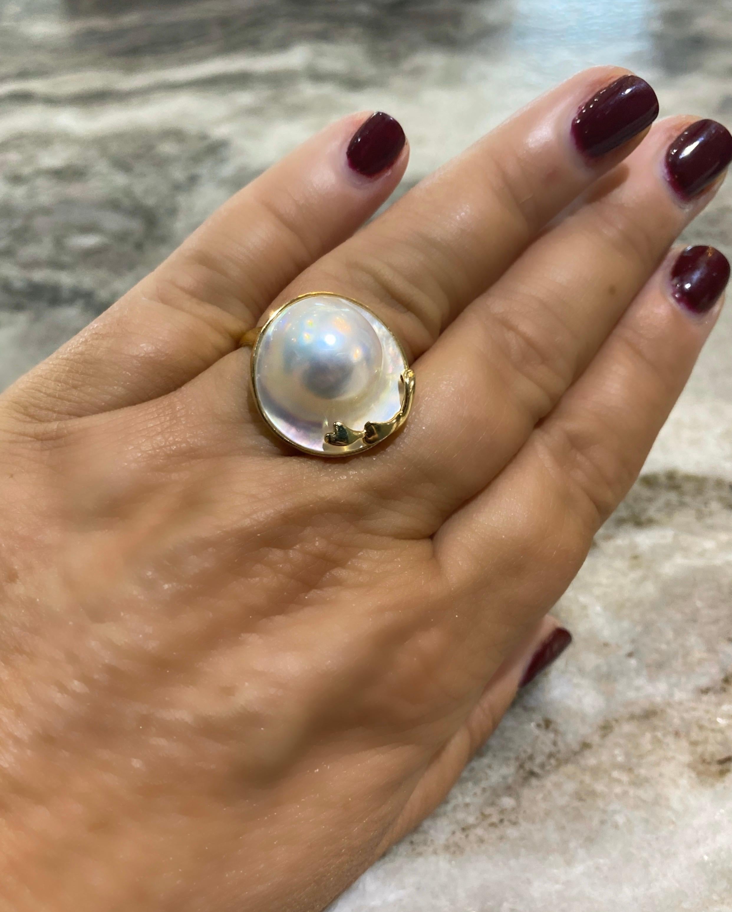 Contemporary White South Sea Mabe Pearl Ring, 14k Yellow Gold For Sale