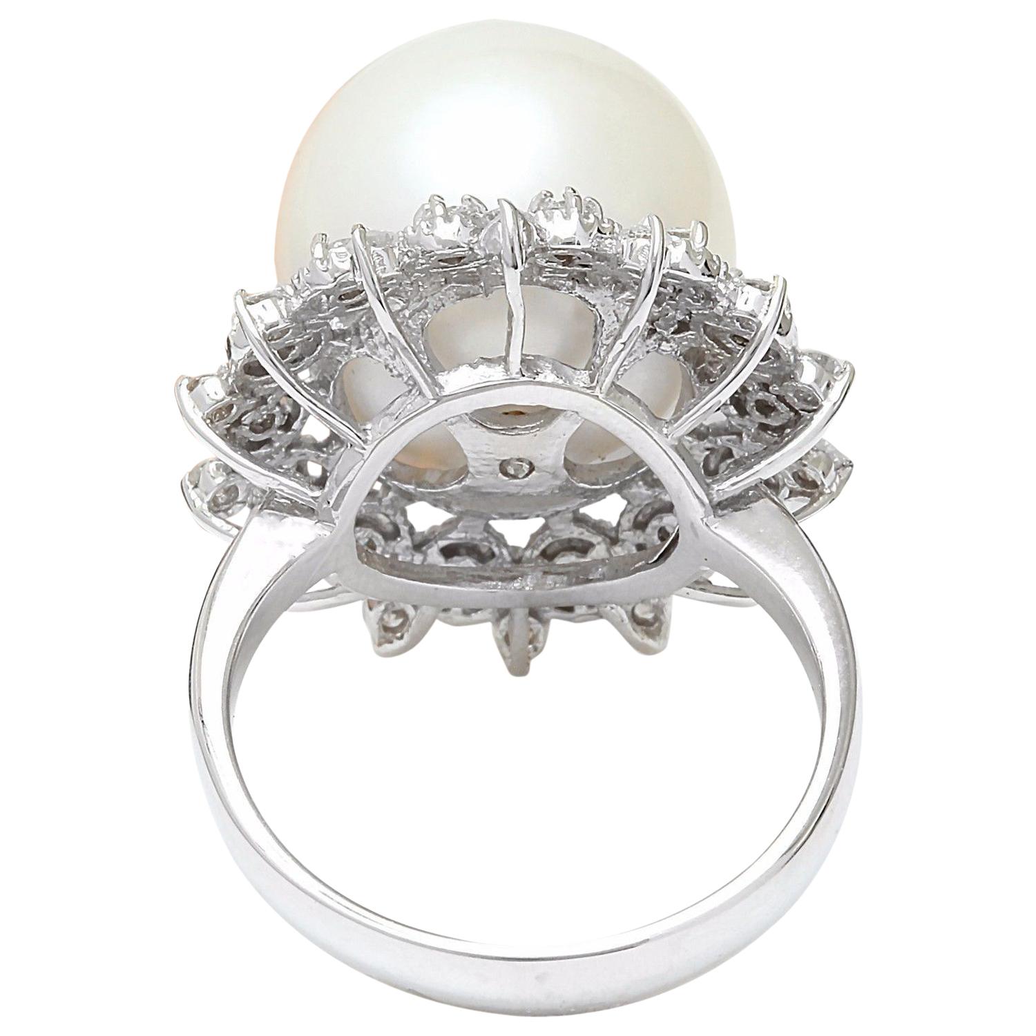Modern White South Sea Pearl 14 Karat Solid White Gold Diamond Ring For Sale