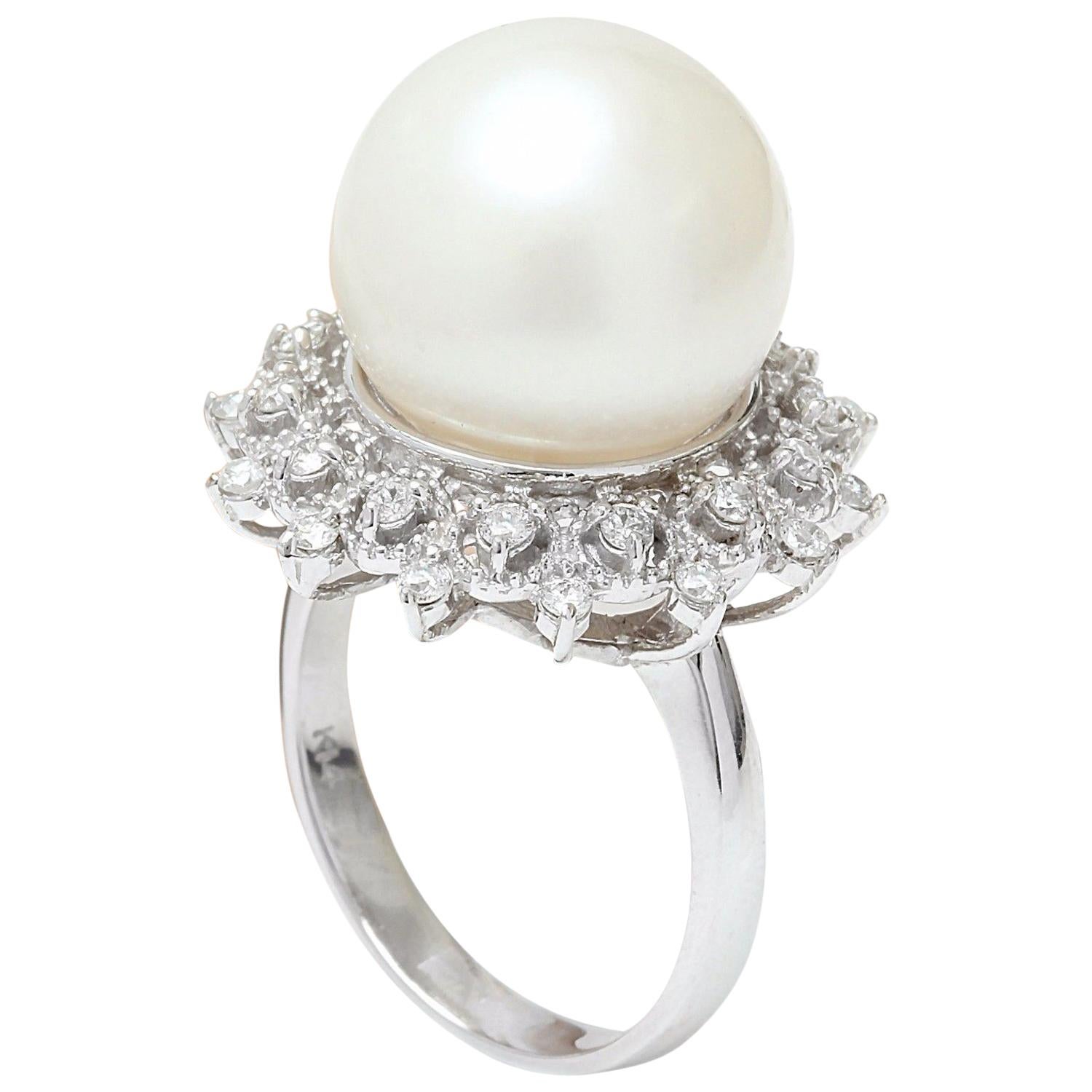 Round Cut White South Sea Pearl 14 Karat Solid White Gold Diamond Ring For Sale