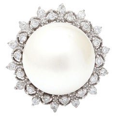 White South Sea Pearl 14 Karat Solid White Gold Diamond Ring