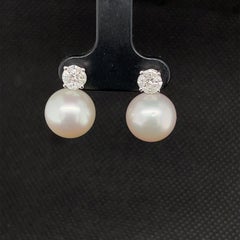 White South Sea Pearl, .42 Carat Total Diamond, White Gold Drop Earrings