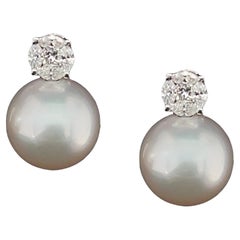 White South Sea Pearl, .42 Carat Total Diamond, White Gold Drop Earrings