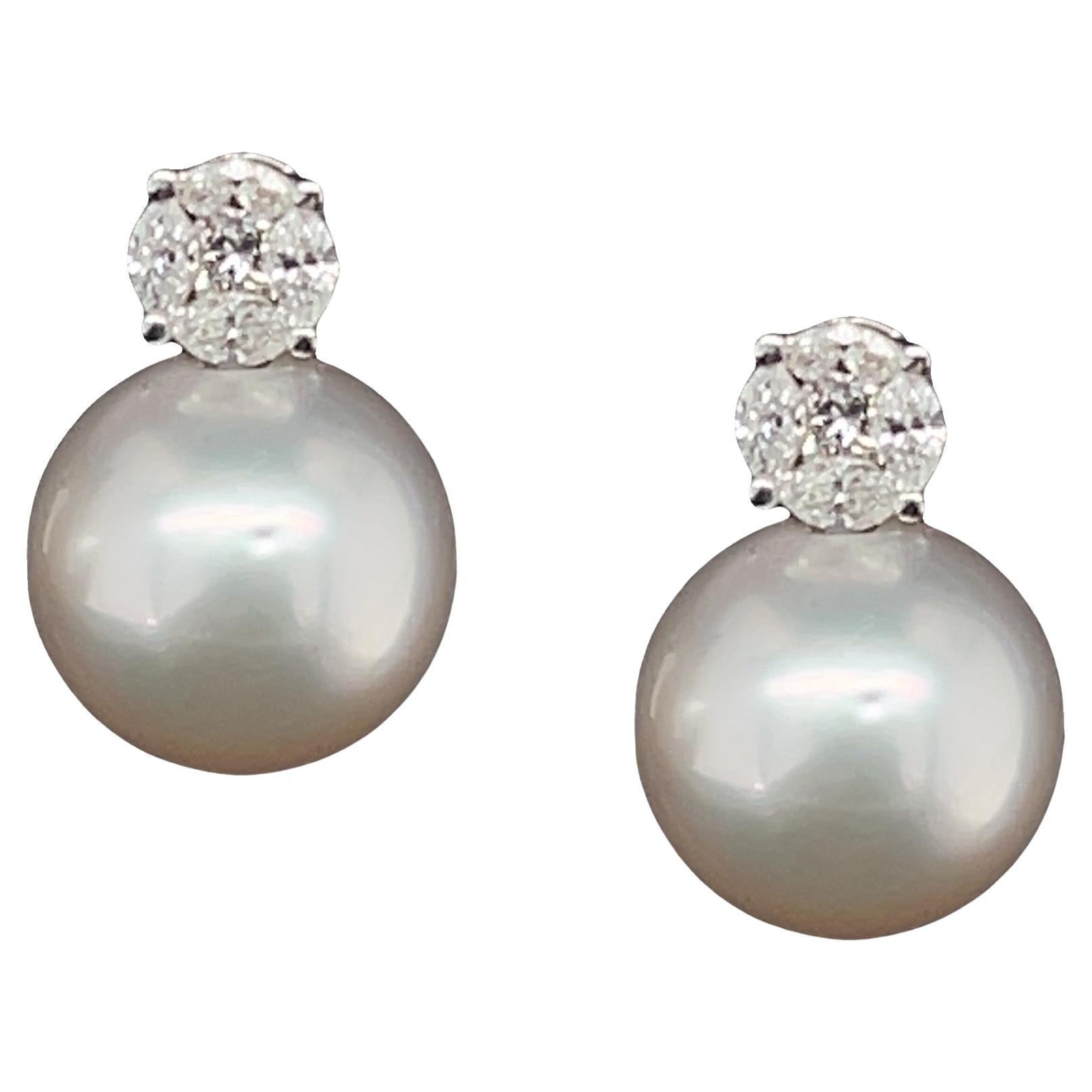 White South Sea Pearl, .42 Carat Total Diamond, White Gold Drop Earrings