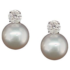 White South Sea Pearl, .42 Carat Total Diamond, White Gold Drop Earrings