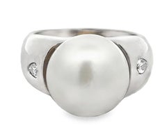 White South Sea Pearl and 2 Pear Shaped Diamonds Ring 14k White Gold