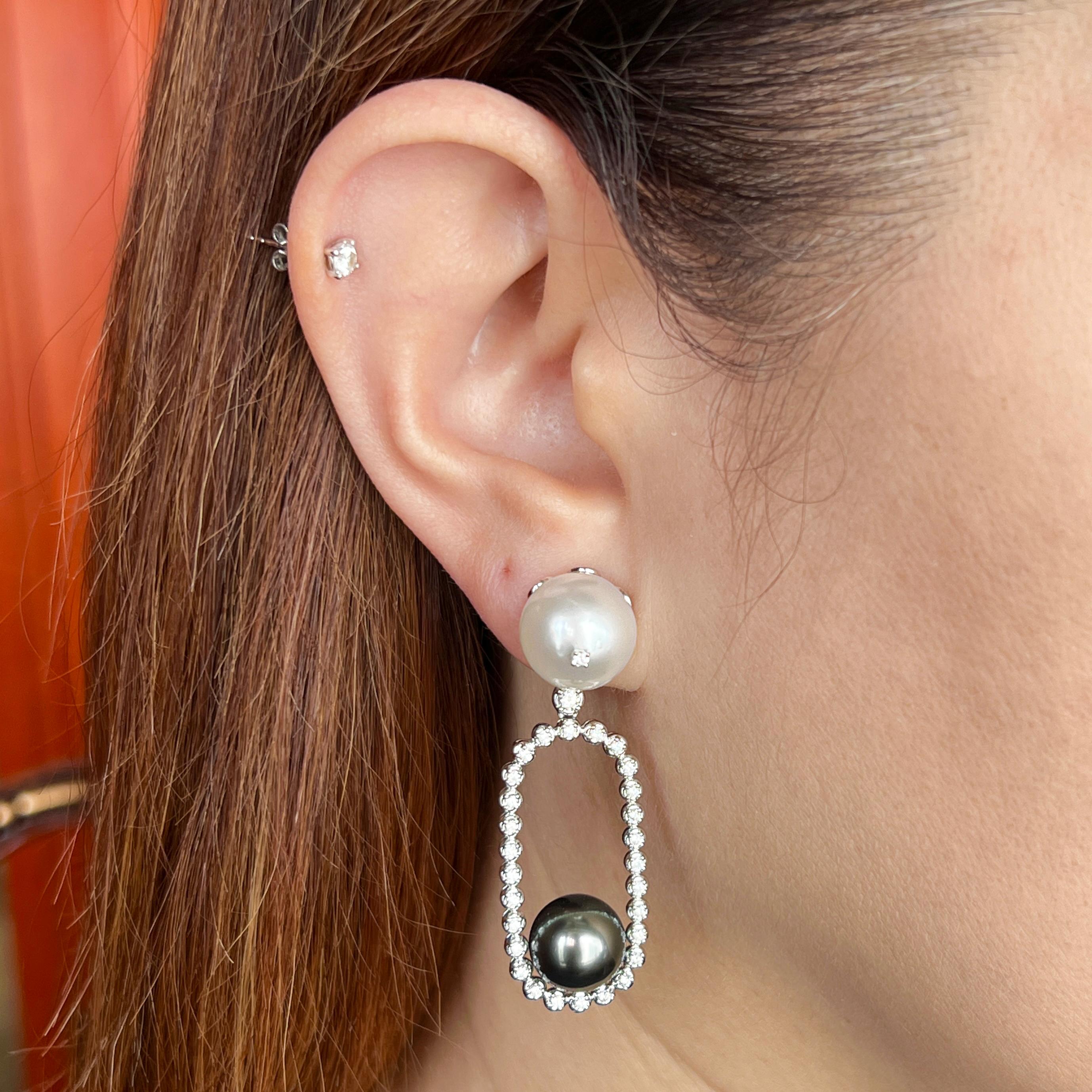 Round Cut White South Sea Pearl and Black Tahitian Pearl Party Earring For Sale