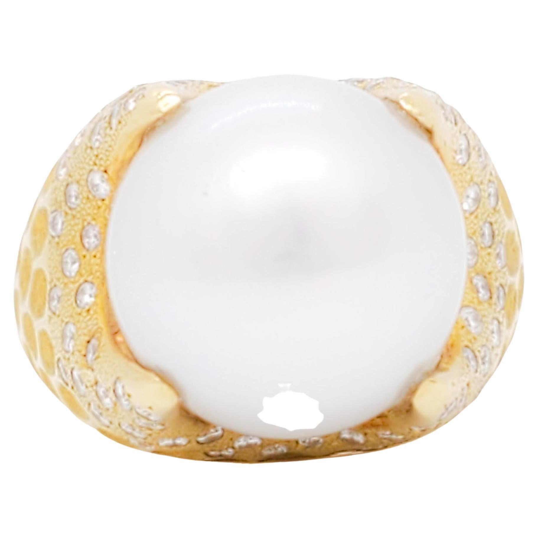 White South Sea Pearl and Diamond Cocktail Ring in 18k Yellow Gold
