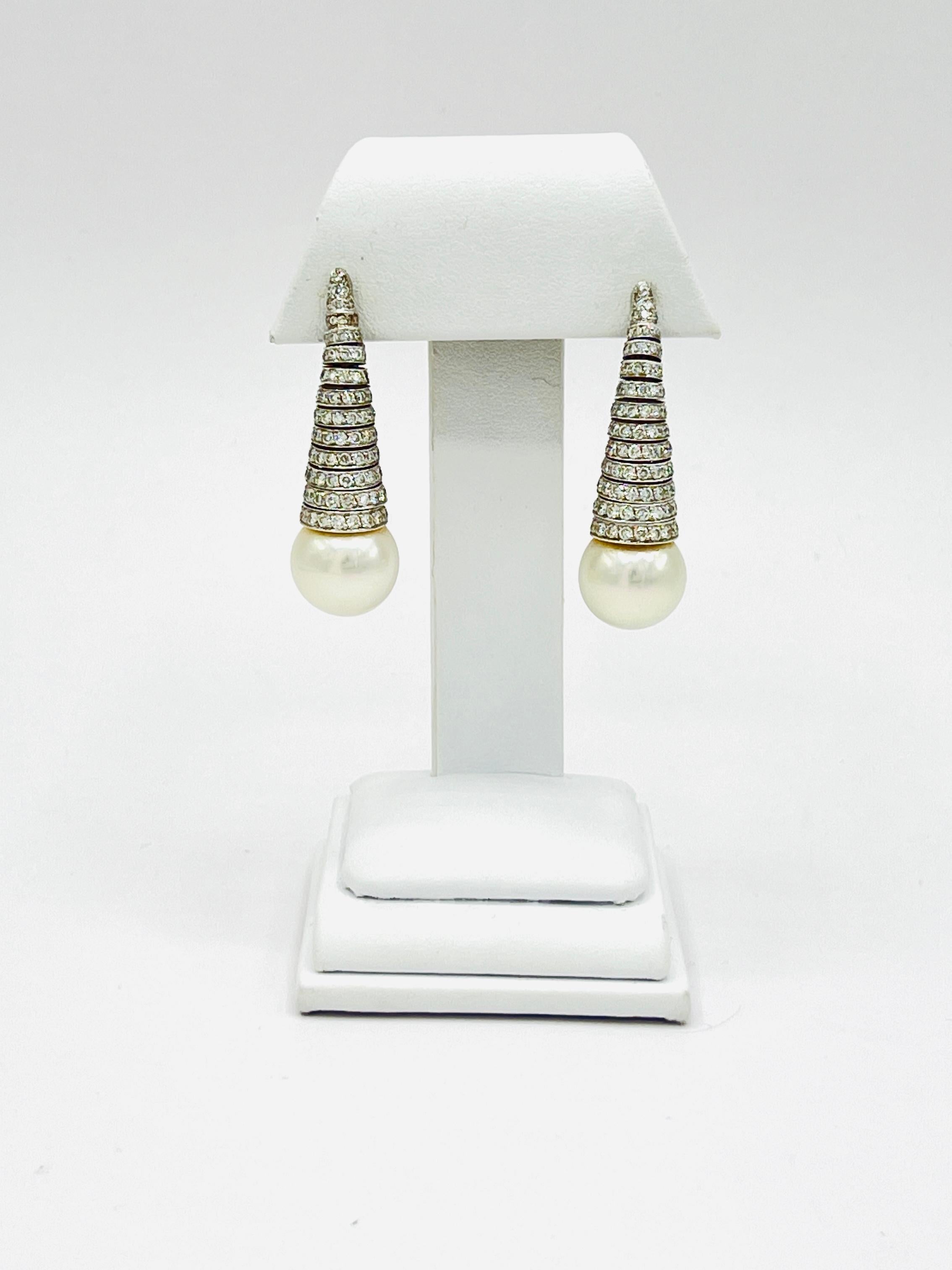White South Sea Pearl and Diamond Dangle Earrings in 18K White Gold 1