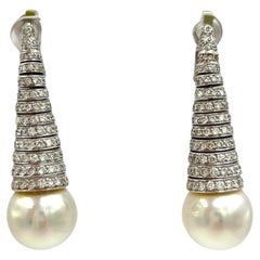 White South Sea Pearl and Diamond Dangle Earrings in 18K White Gold