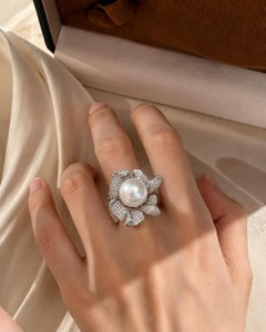 White South Sea Pearl and Diamond Flower Ring, 15-16mm, 18K White Gold