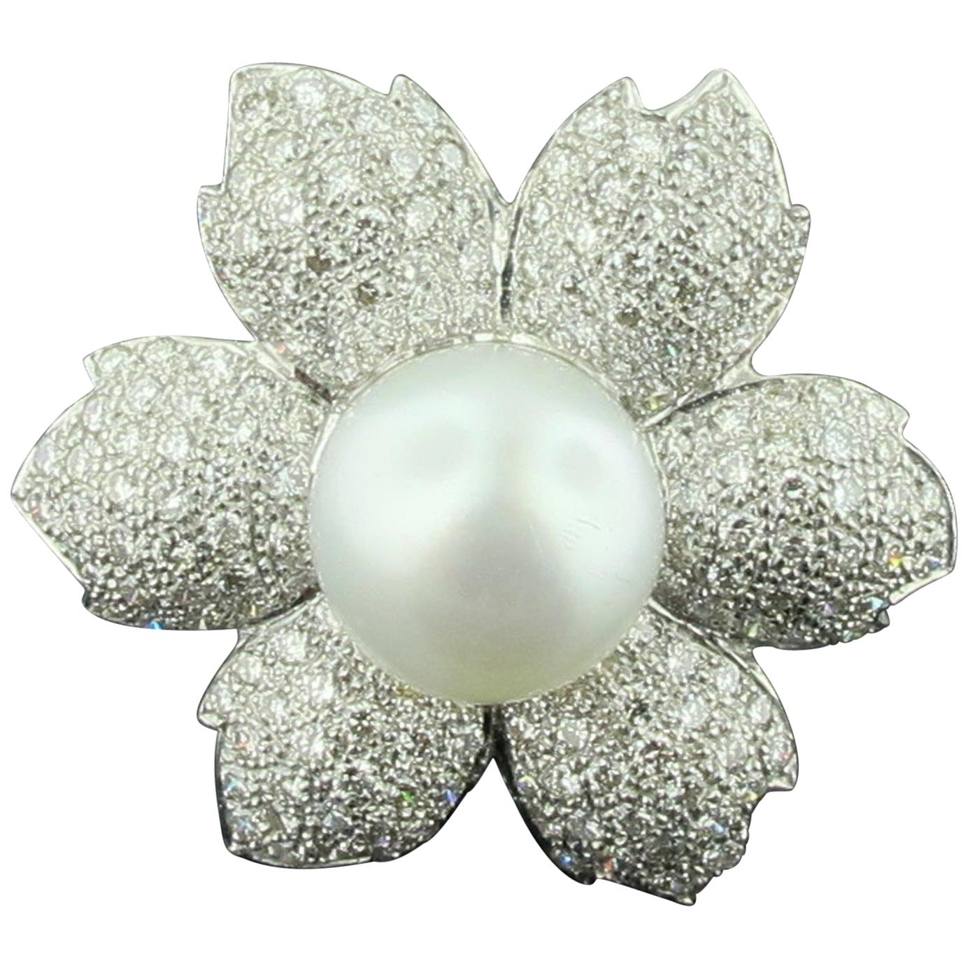 White South Sea Pearl and Diamond Flower Ring in 18 Karat White Gold