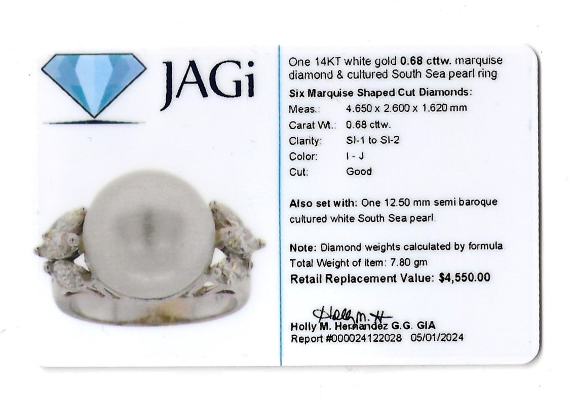Anello cocktail con perle bianche dei mari del sud e diamanti marquise in oro bianco 14 carati in vendita 4