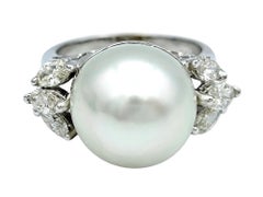 White South Sea Pearl and Marquise Diamond Cocktail Ring in 14 Karat White Gold