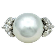 White South Sea Pearl and Marquise Diamond Cocktail Ring in 14 Karat White Gold