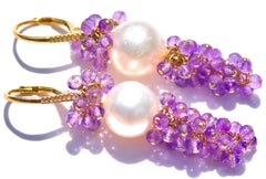 White South Sea Pearl and Rose De France Amethyst Earrings in 14K Solid Gold
