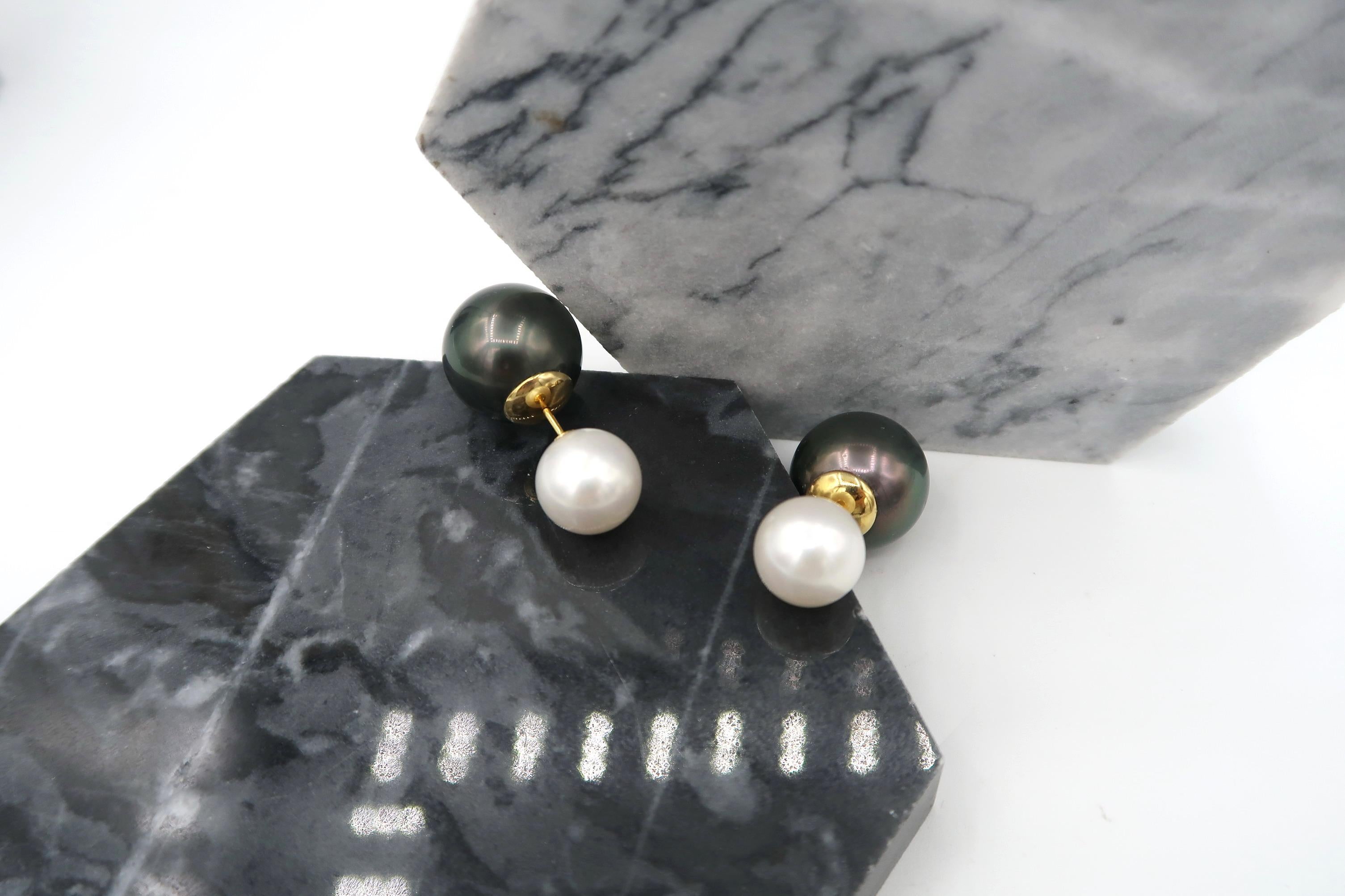 Contemporary White South Sea Pearl and Tahitian Pearl Double Earrings in 18 Karat Yellow Gold For Sale