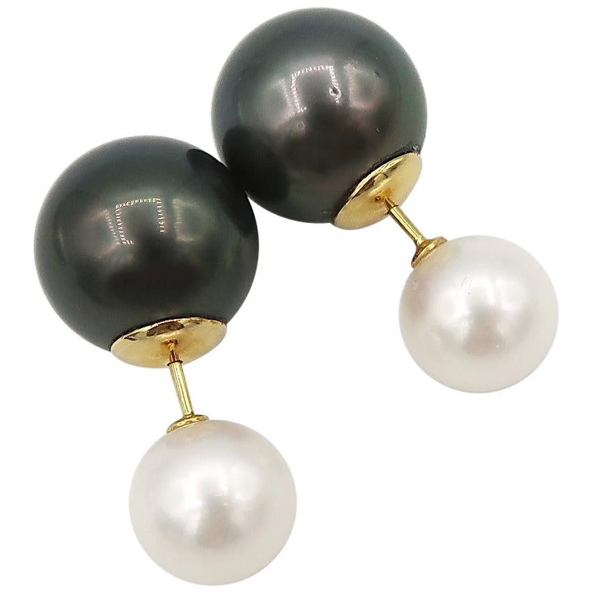 White South Sea Pearl and Tahitian Pearl Double Earrings in 18 Karat Yellow Gold For Sale