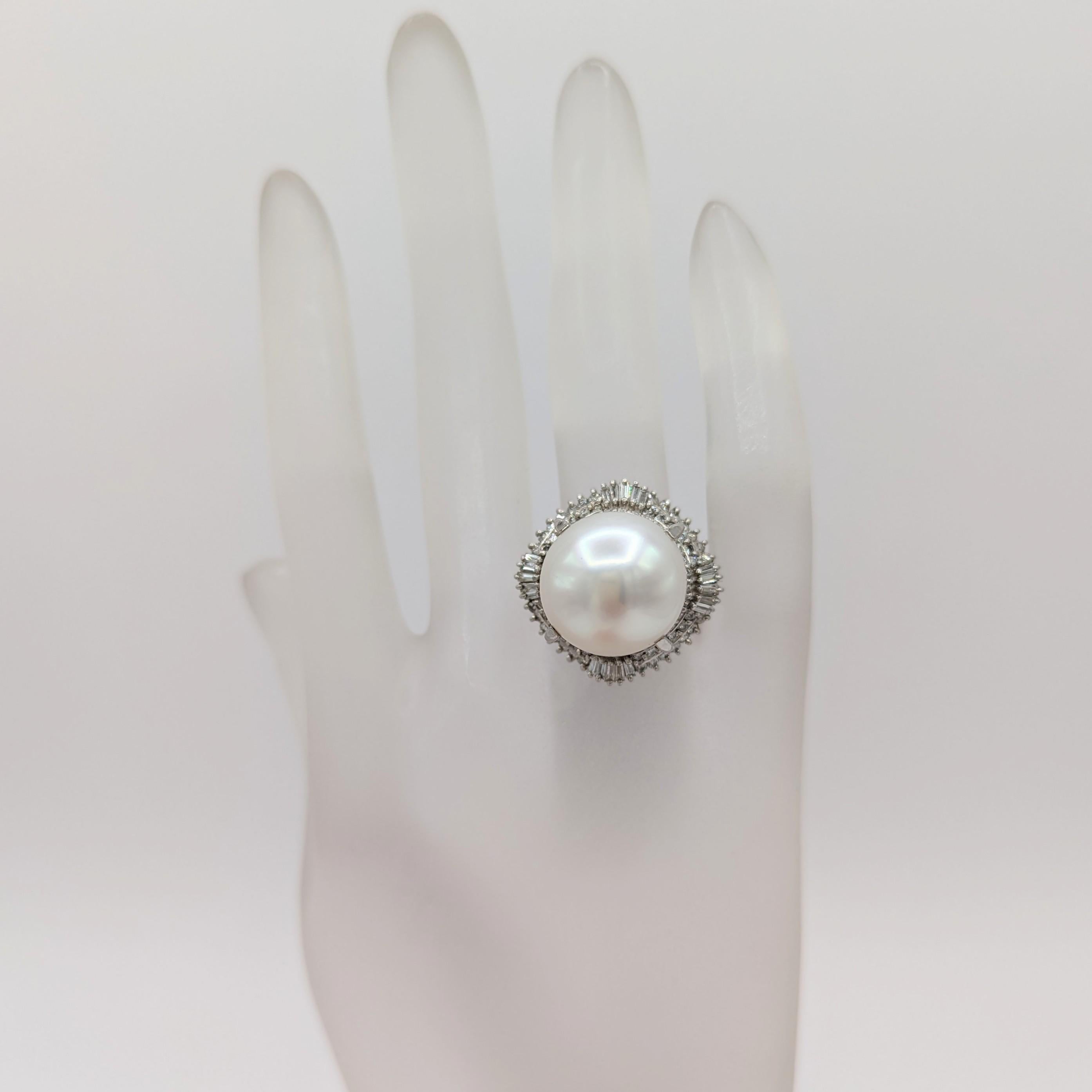 Round Cut White South Sea Pearl  and White Diamond Cocktail Ring in Platinum For Sale