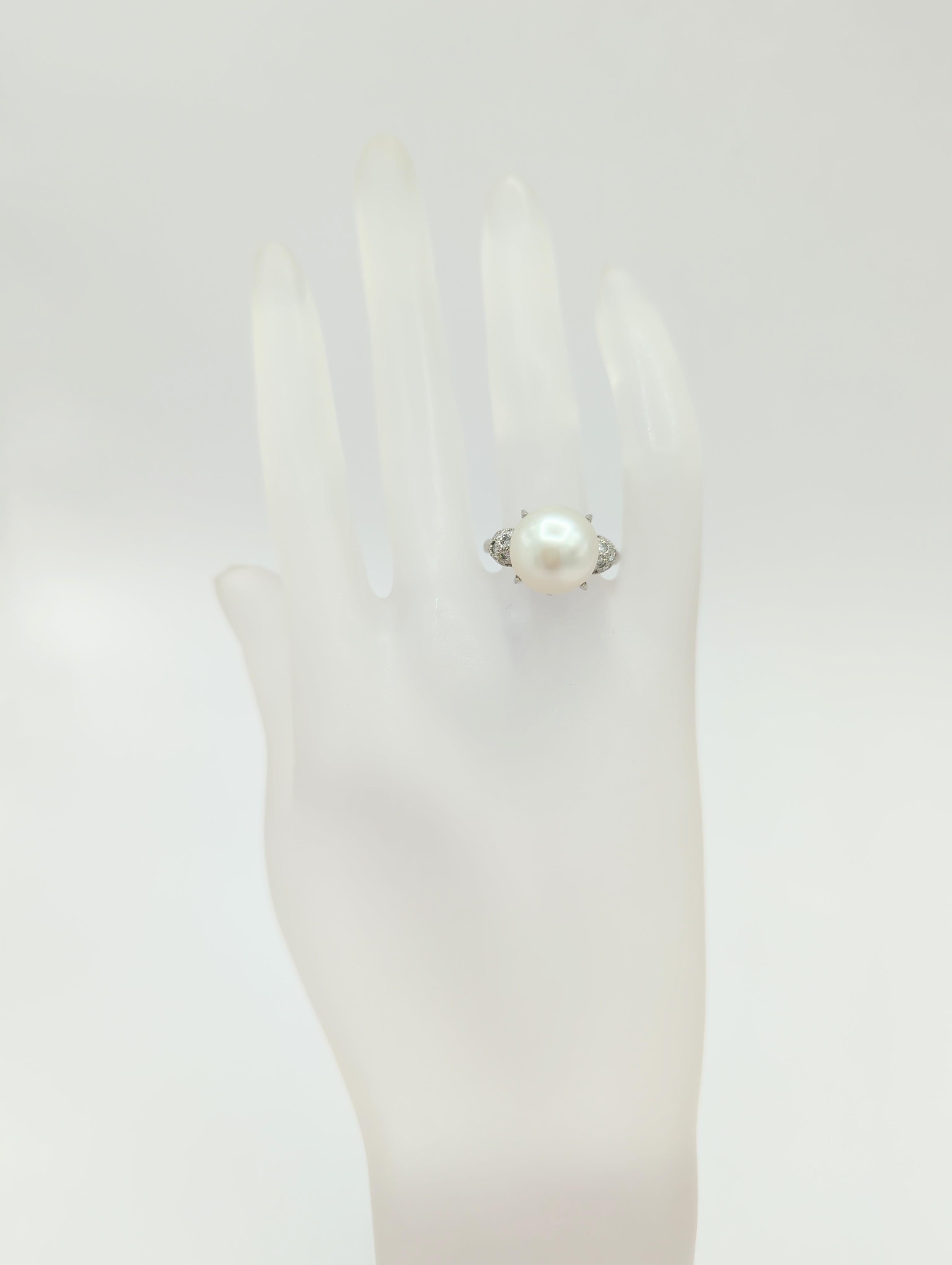 Round Cut White South Sea Pearl and White Diamond Cocktail Ring in Platinum For Sale
