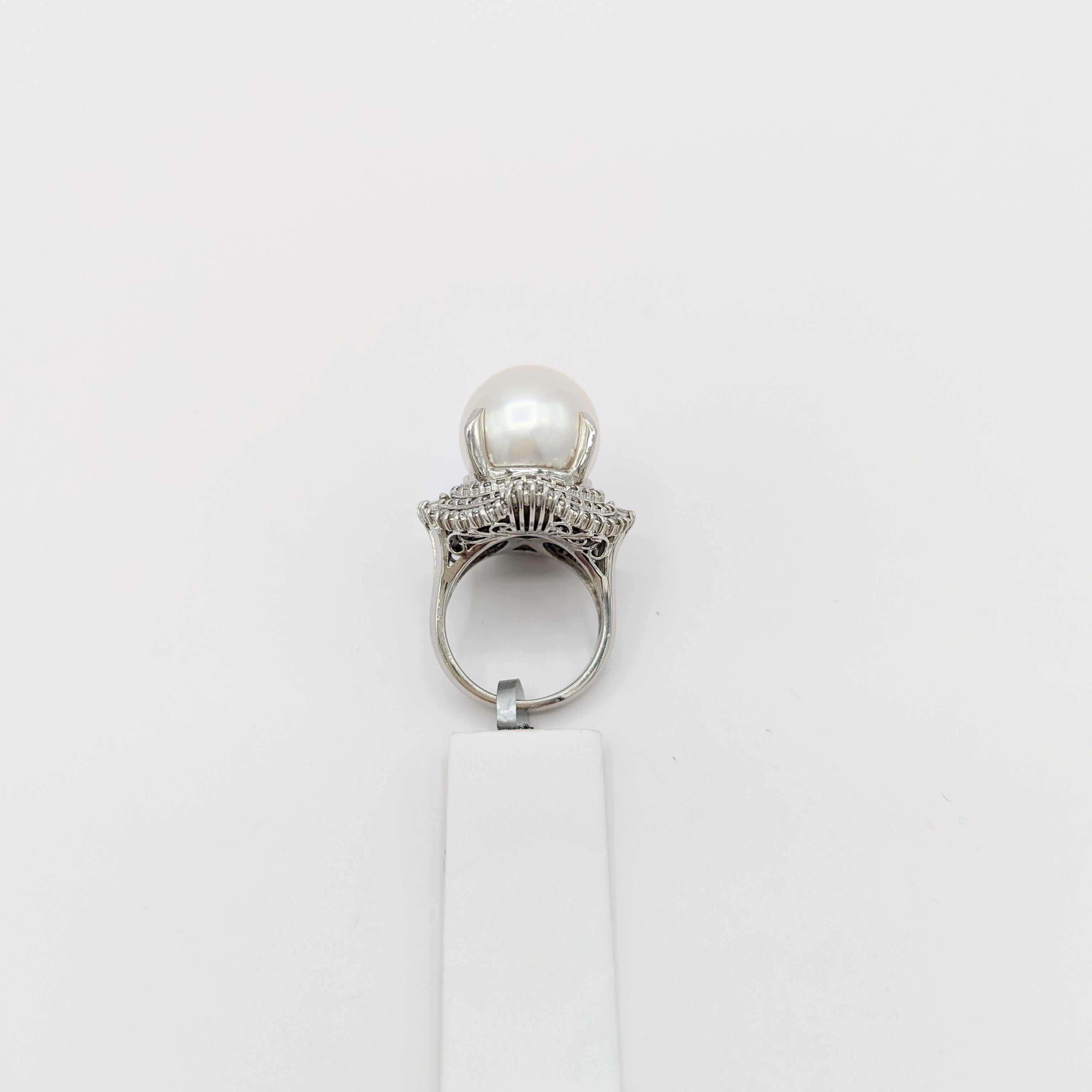 White South Sea Pearl  and White Diamond Cocktail Ring in Platinum In New Condition For Sale In Los Angeles, CA