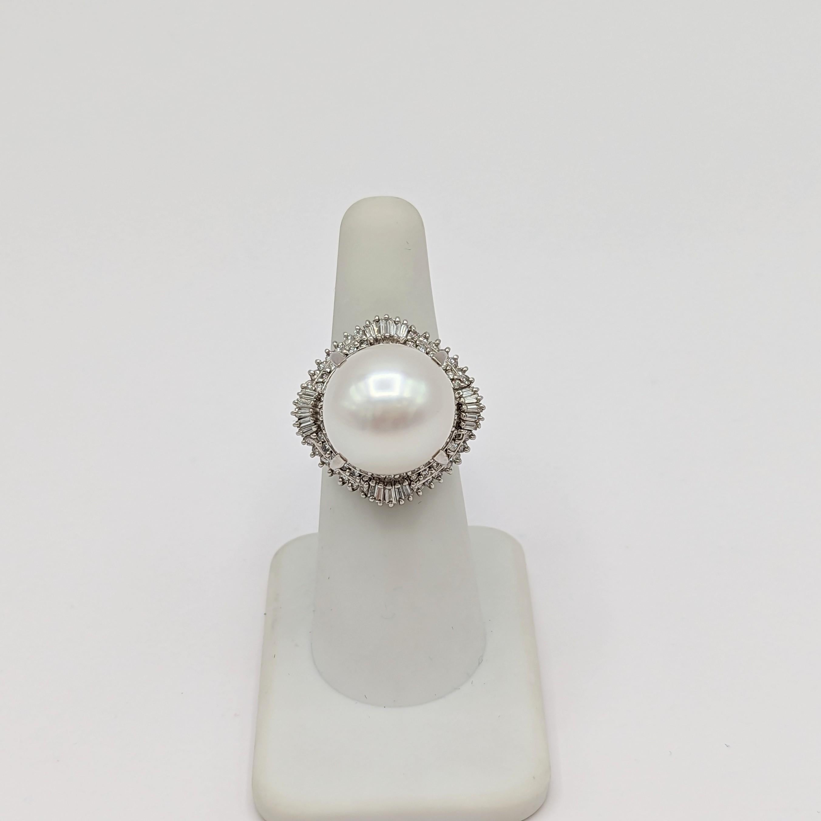 White South Sea Pearl  and White Diamond Cocktail Ring in Platinum For Sale 1