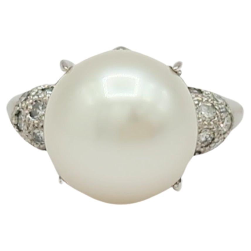 White South Sea Pearl and White Diamond Cocktail Ring in Platinum For Sale