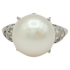 White South Sea Pearl and White Diamond Cocktail Ring in Platinum