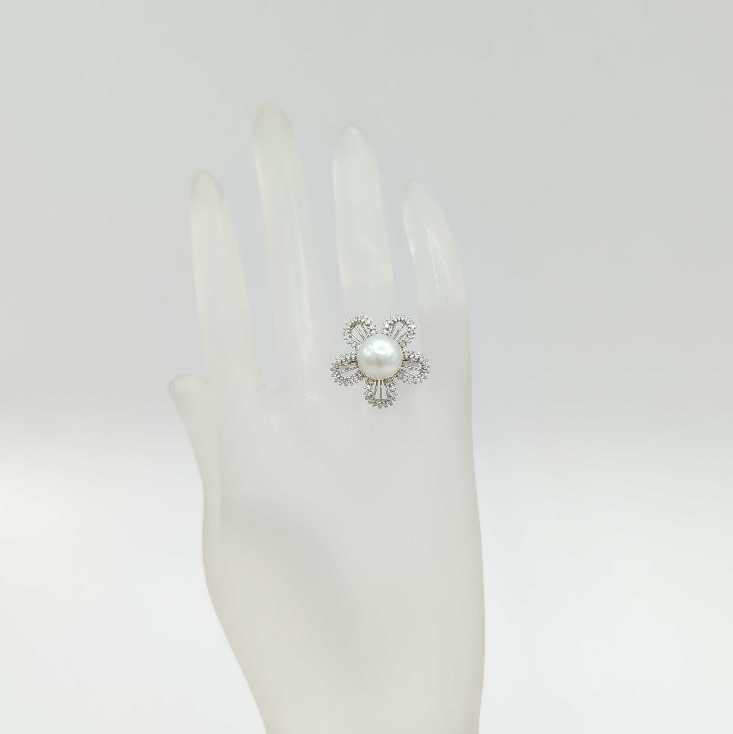 Round Cut White South Sea Pearl and White Diamond Floral Ring in 18K White Gold For Sale