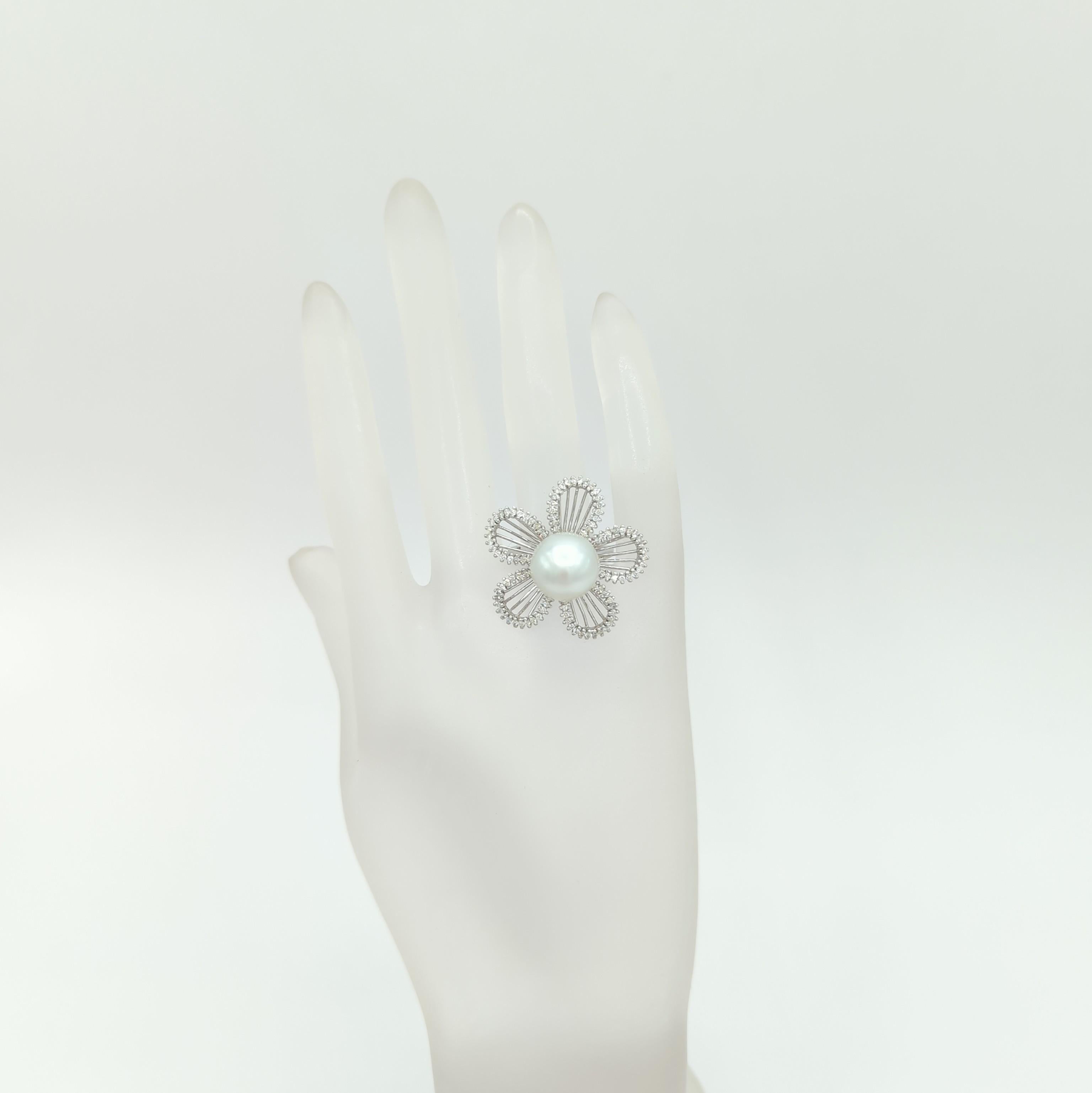 Round Cut White South Sea Pearl and White Diamond Floral Ring in 18K White Gold For Sale