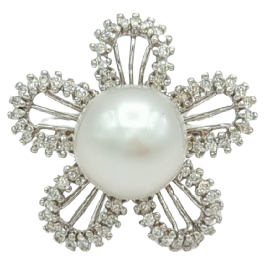 White South Sea Pearl and White Diamond Floral Ring in 18K White Gold