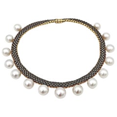 Double-Sided White South Sea Pearl Black & Yellow Gold Surface 18K Stiff Chain