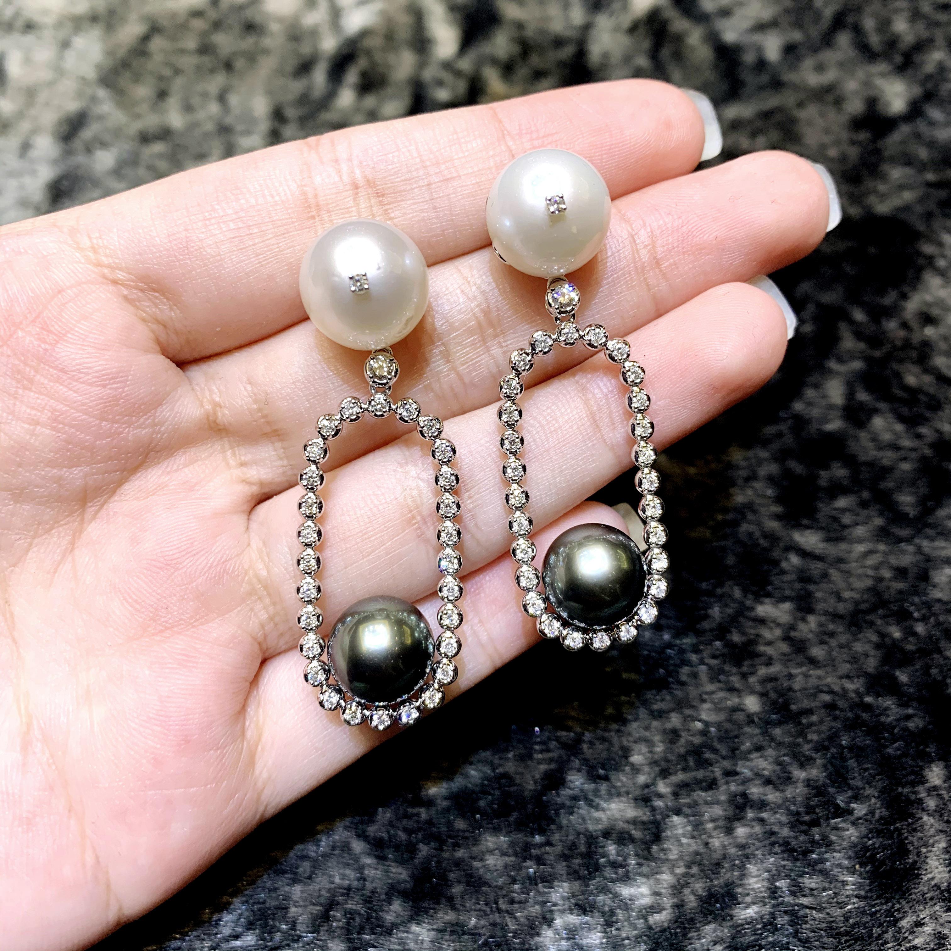 Art Nouveau White South Sea Pearl and Black Tahitian Pearl Party Earring For Sale