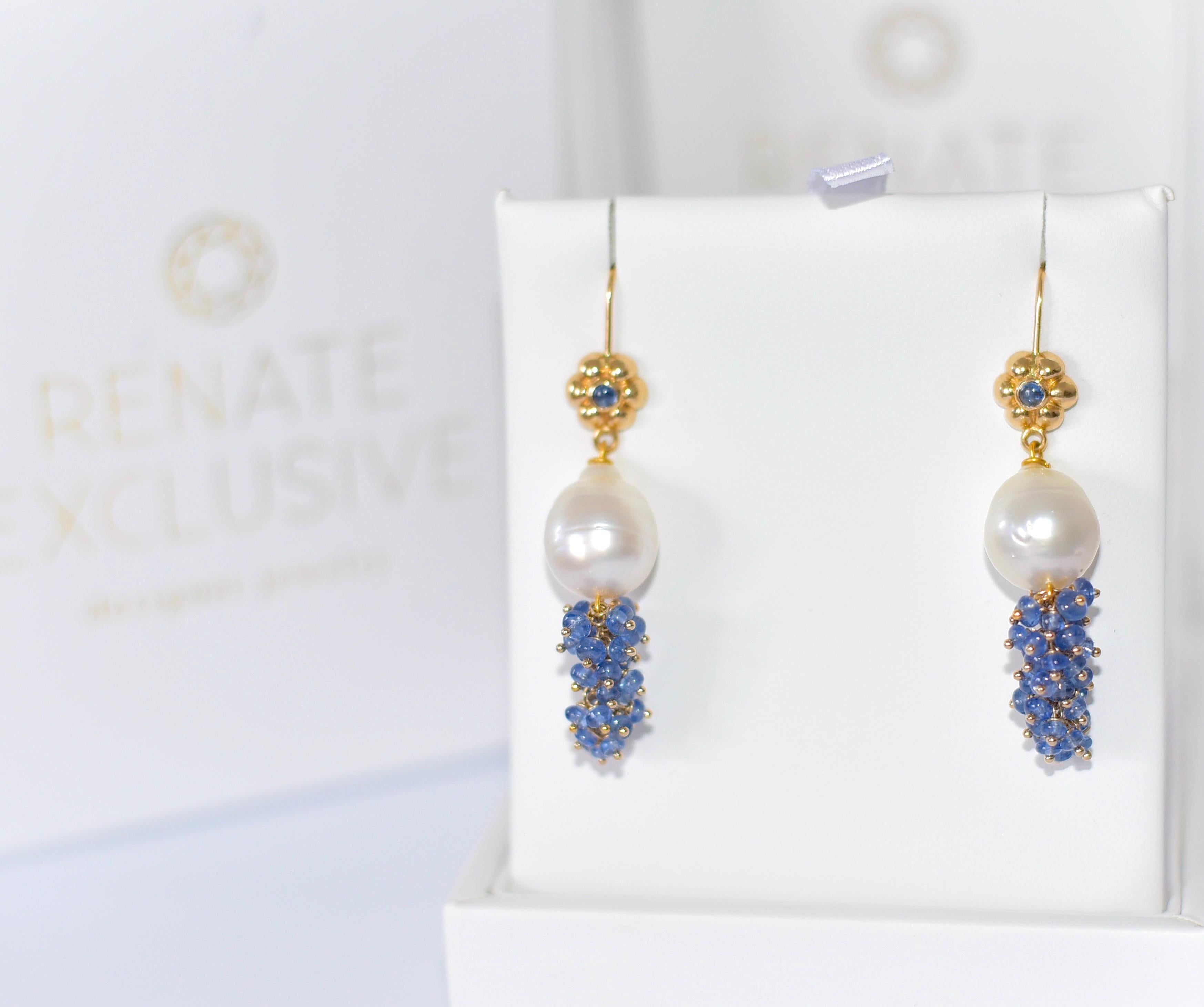 White South Sea Pearl, Blue Sapphire Earrings in 18K Solid Yellow Gold In New Condition In Astoria, NY