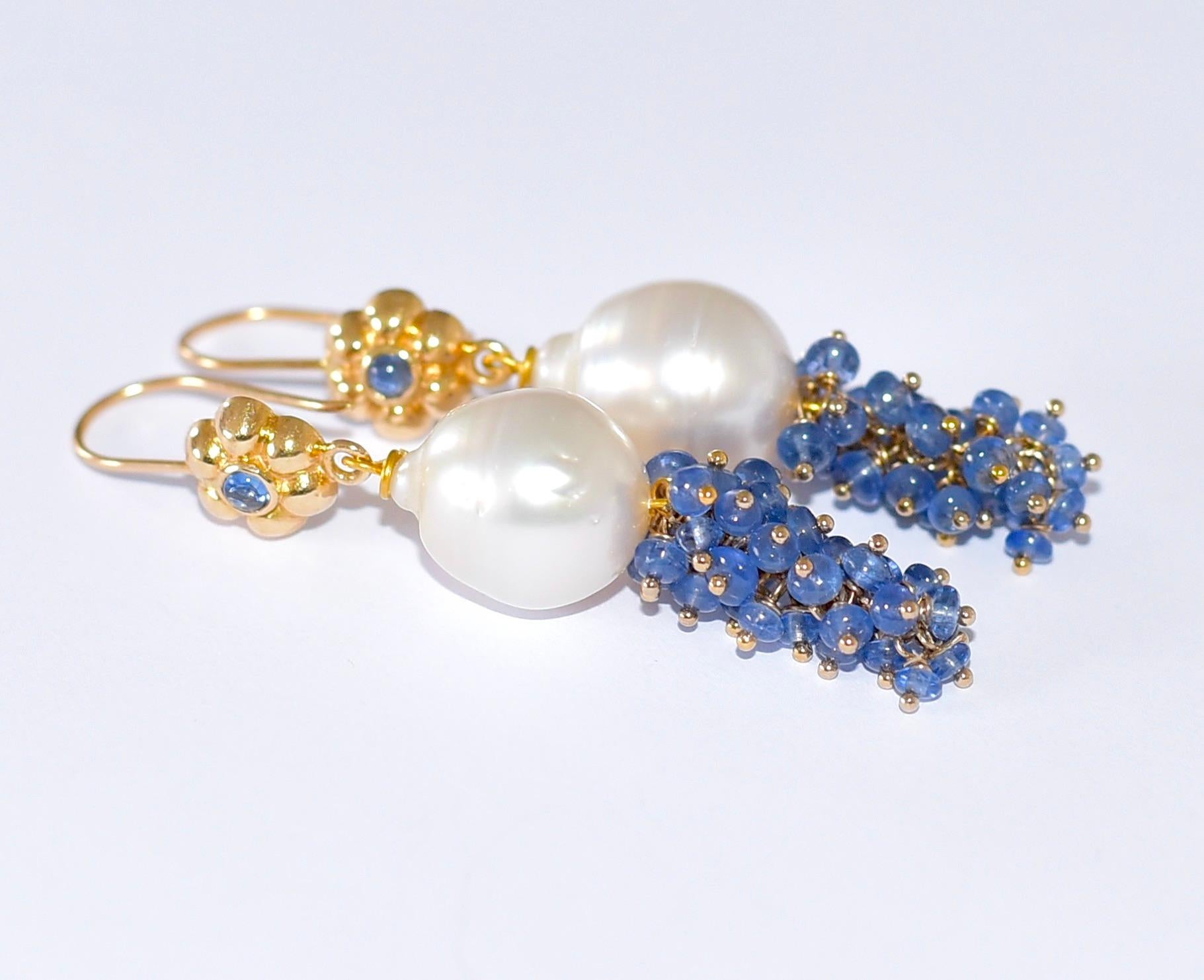 Women's White South Sea Pearl, Blue Sapphire Earrings in 18K Solid Yellow Gold
