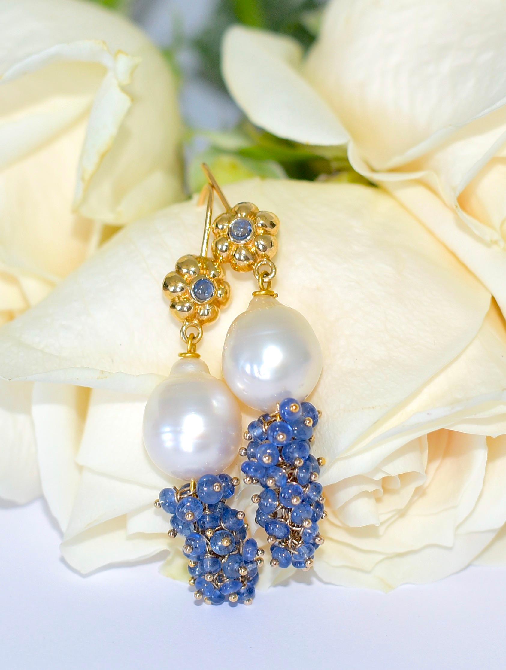 Bead White South Sea Pearl, Blue Sapphire Earrings in 18K Solid Yellow Gold