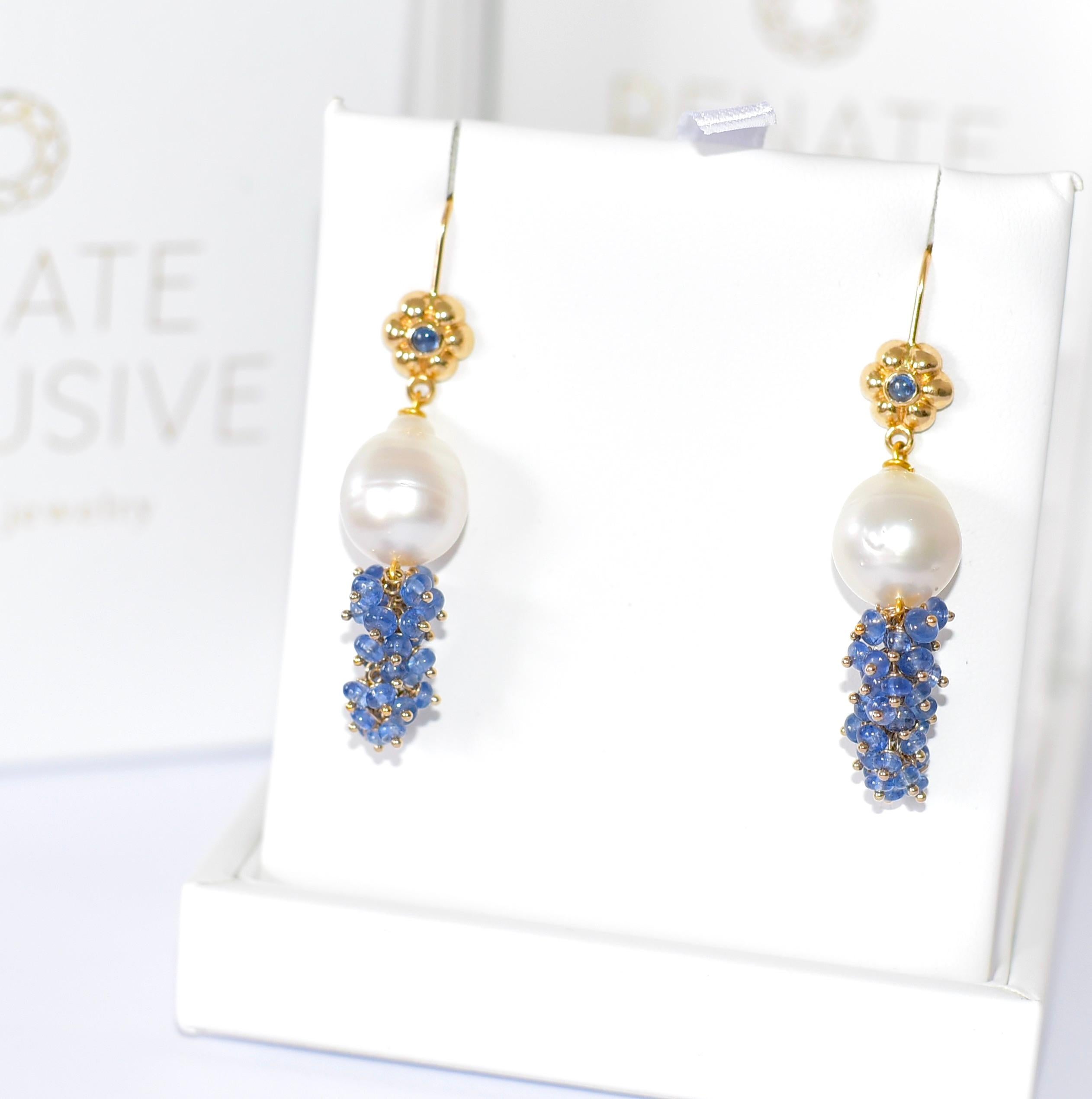 White South Sea Pearl, Blue Sapphire Earrings in 18K Solid Yellow Gold 1