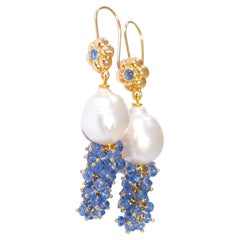 White South Sea Pearl, Blue Sapphire Earrings in 18K Solid Yellow Gold