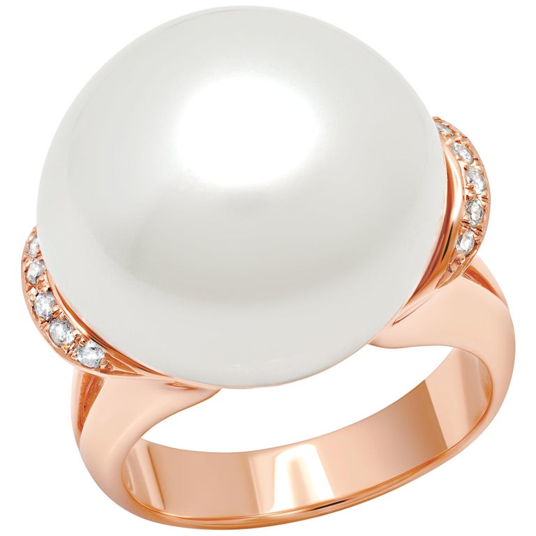 18 Karat Rose Gold White South Sea Pearl Diamond Solitaire Cocktail Ring For Sale