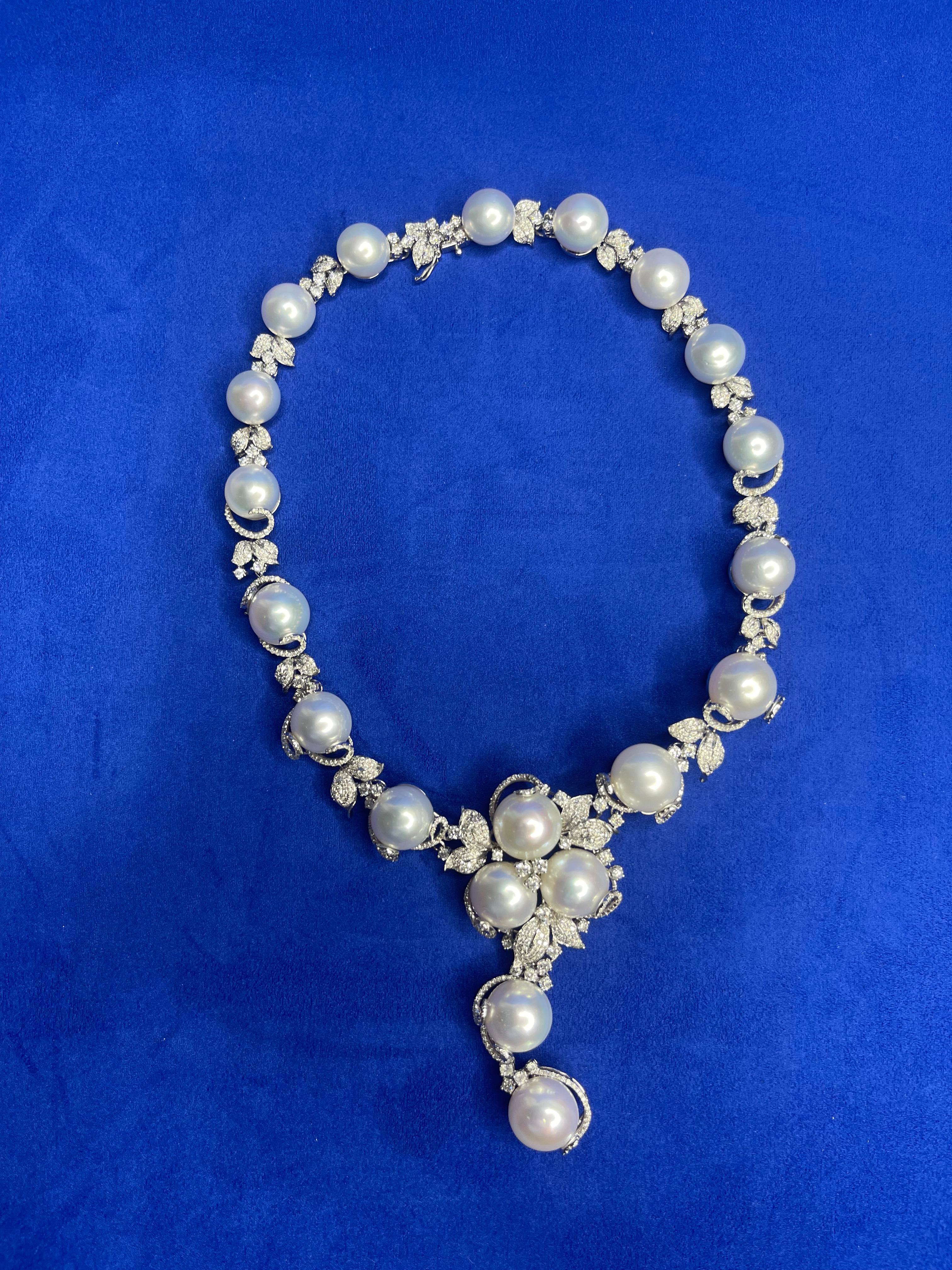 Statement-Halskette, Chunky, weiße Südseeperle Diamant 18 Karat Weißgold im Angebot 4